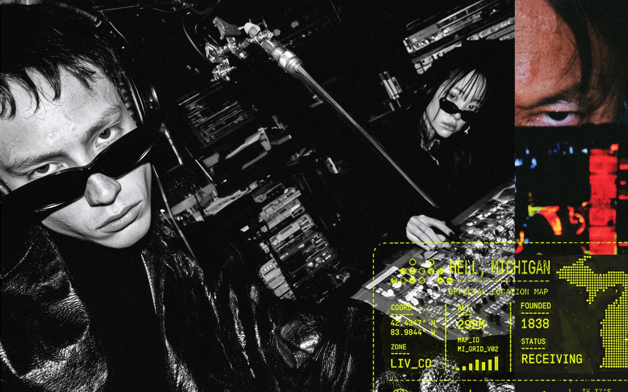 Colagem em preto e branco de DJ com óculos escuros ao lado de elementos gráficos em amarelo neon