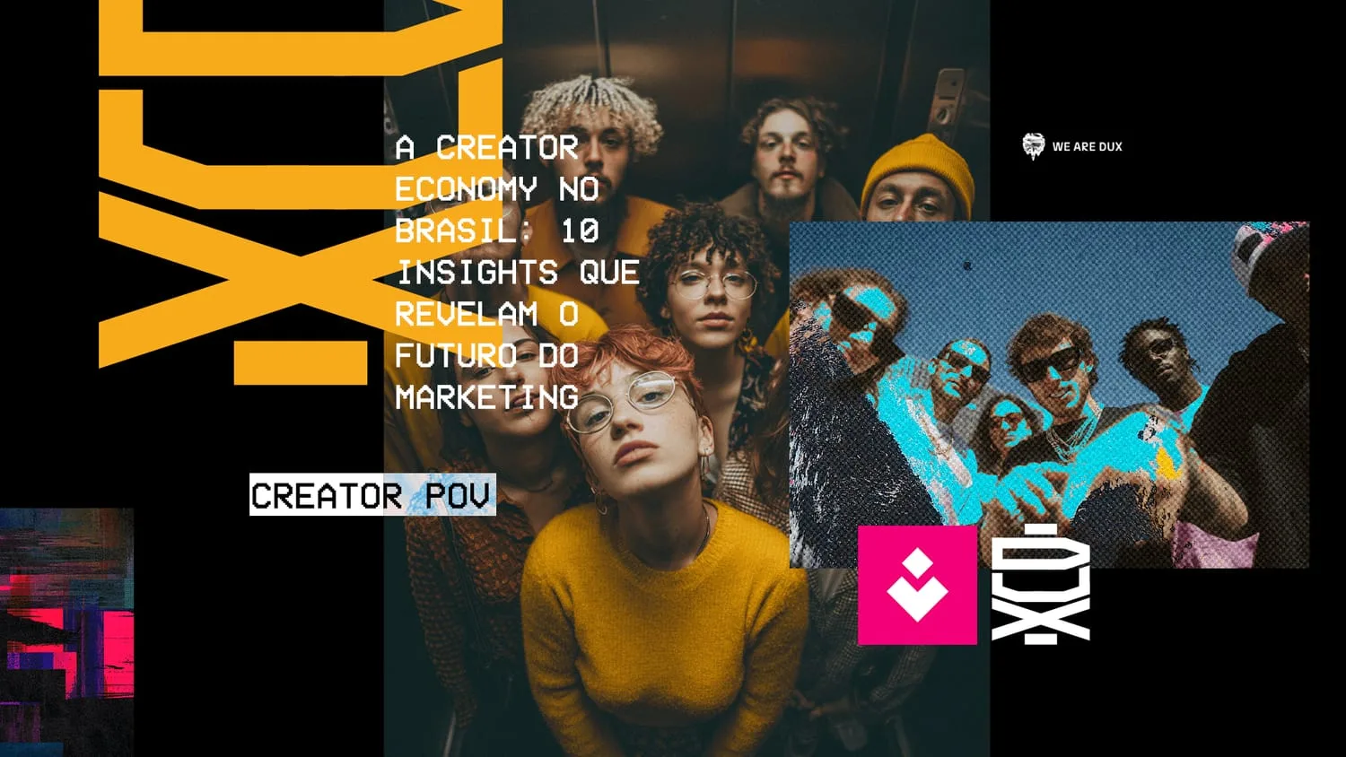 Colagem vibrante de grupos de jovens criadores, com uma mulher de blusa amarela ao centro, e a chamada 'A creator economy no Brasil: 10 insights que revelam o futuro do marketing'