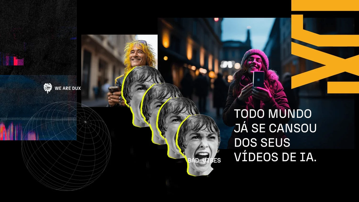 Cena de rua com uma pessoa de roupa rosa fotografando com o celular e recortes repetidos de um rosto contornado em amarelo, com a frase 'Todo mundo já se cansou dos seus vídeos de IA'