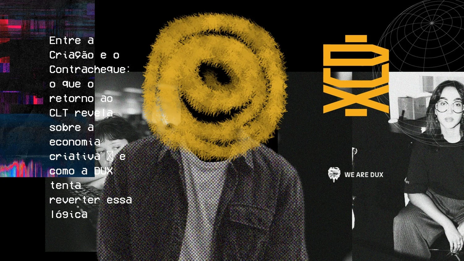 Pessoa sentada com o rosto coberto por uma espiral amarela distorcida, em colagem escura com ruído digital, ao lado do texto sobre criação, contracheque e CLT