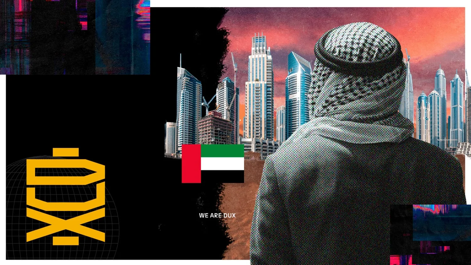 Homem de keffiyeh visto de costas observando os arranha-céus de Dubai ao pôr do sol, com a bandeira dos Emirados Árabes, em meio-tom