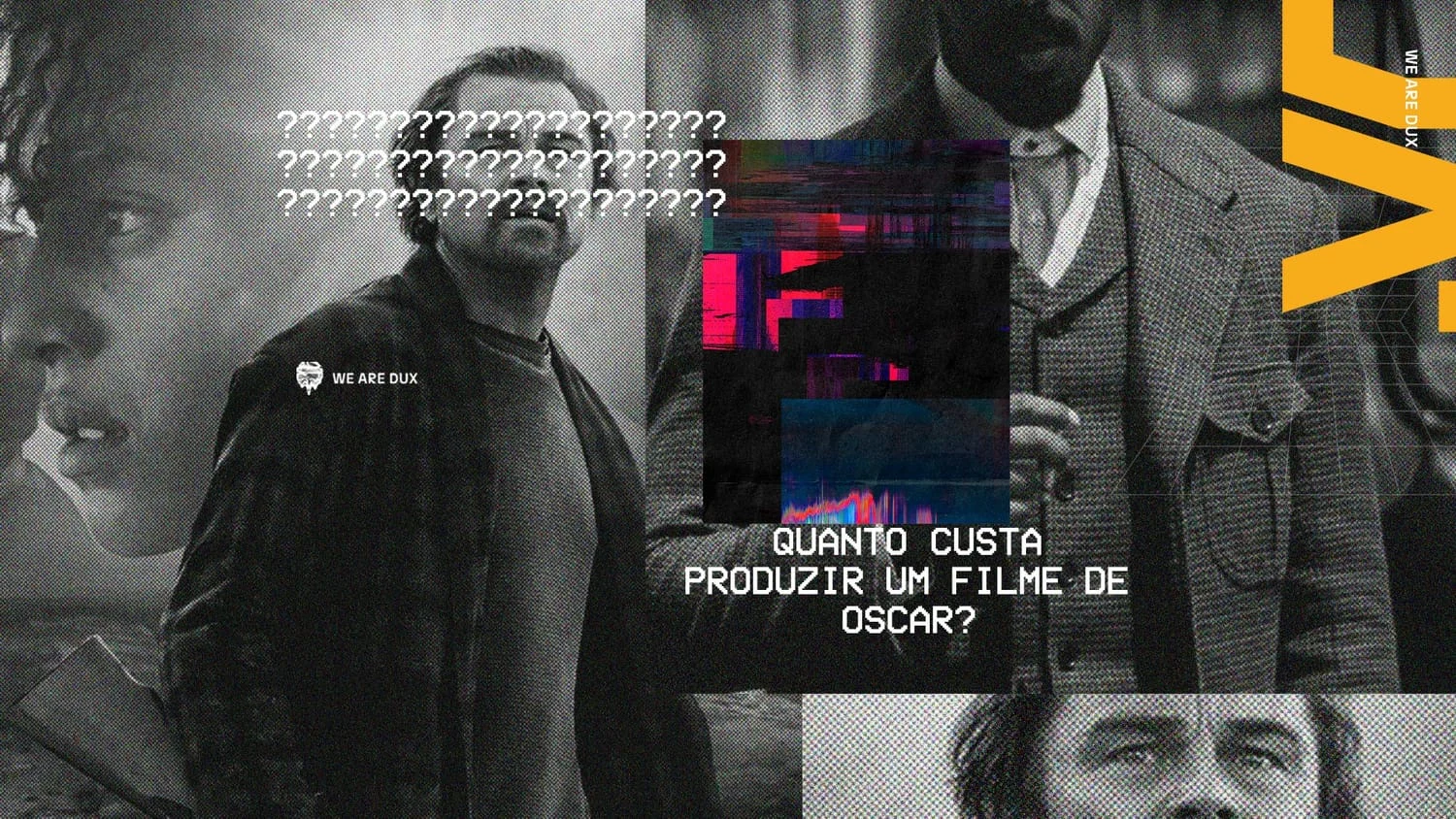 Colagem em preto e branco de cenas de filmes dramáticos — um homem de sobretudo e rostos em close — com ruído digital e a chamada 'Quanto custa produzir um filme de Oscar?'