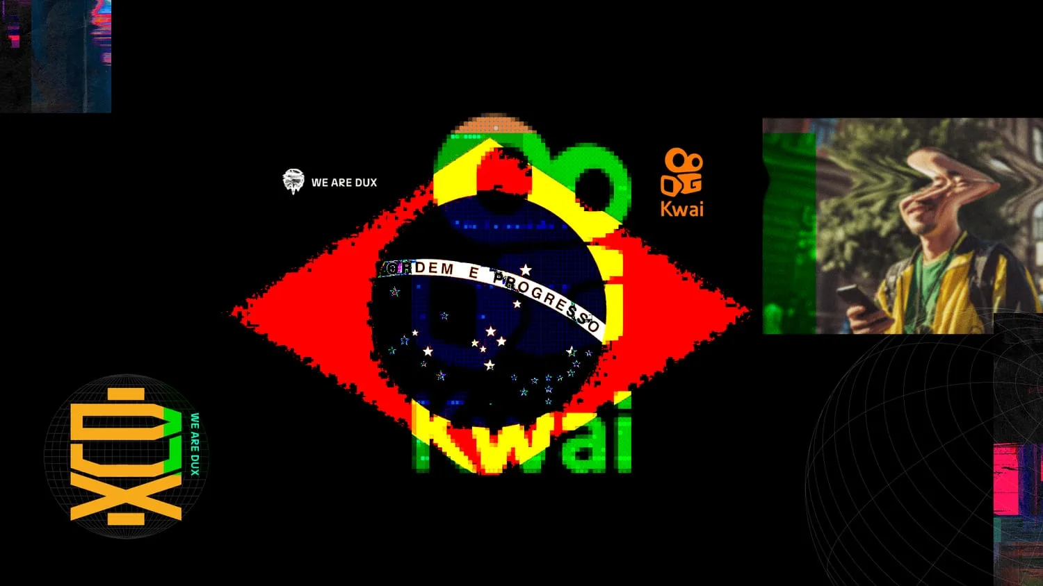Arte em pixels da bandeira do Brasil fundida ao logo do Kwai, com um pequeno retrato de uma pessoa usando o celular, sobre fundo preto