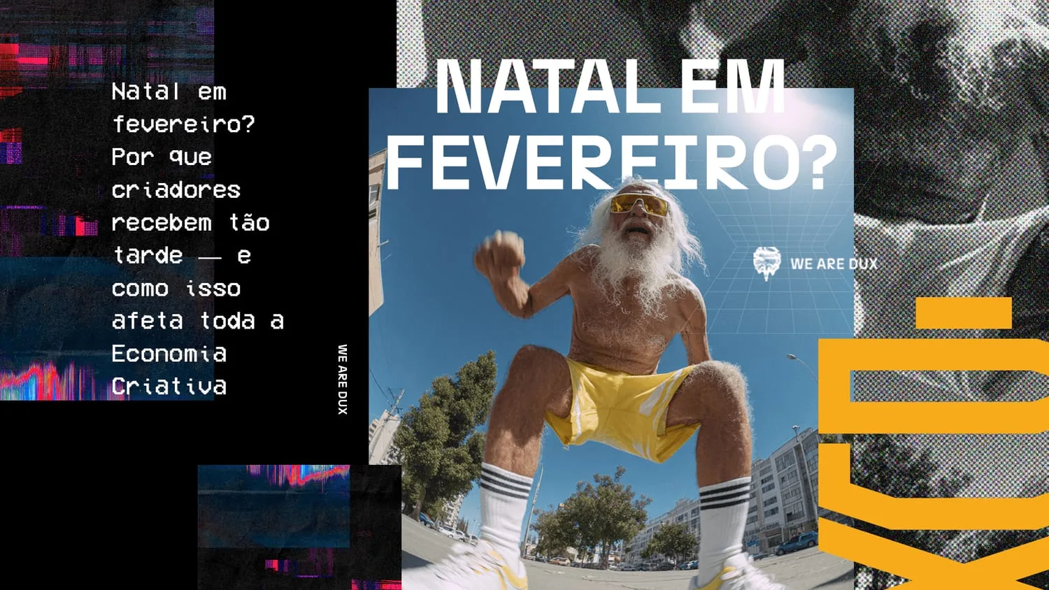 Homem idoso de barba branca, óculos amarelos e shorts amarelos saltando numa rua ensolarada, com o título em destaque 'Natal em fevereiro?'