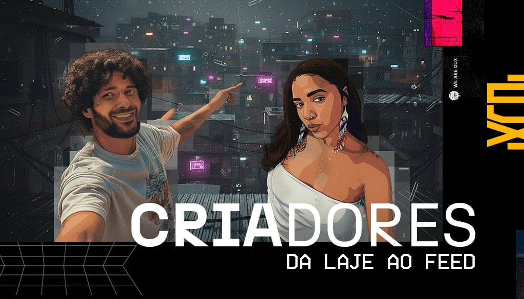 Um homem e uma mulher fazendo selfie numa laje ao entardecer com a cidade ao fundo, e o título 'Criadores: da laje ao feed'