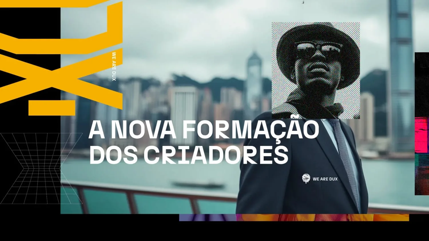 Homem de terno, chapéu e óculos escuros num cais com arranha-céus ao fundo, com o título 'A nova formação dos criadores'